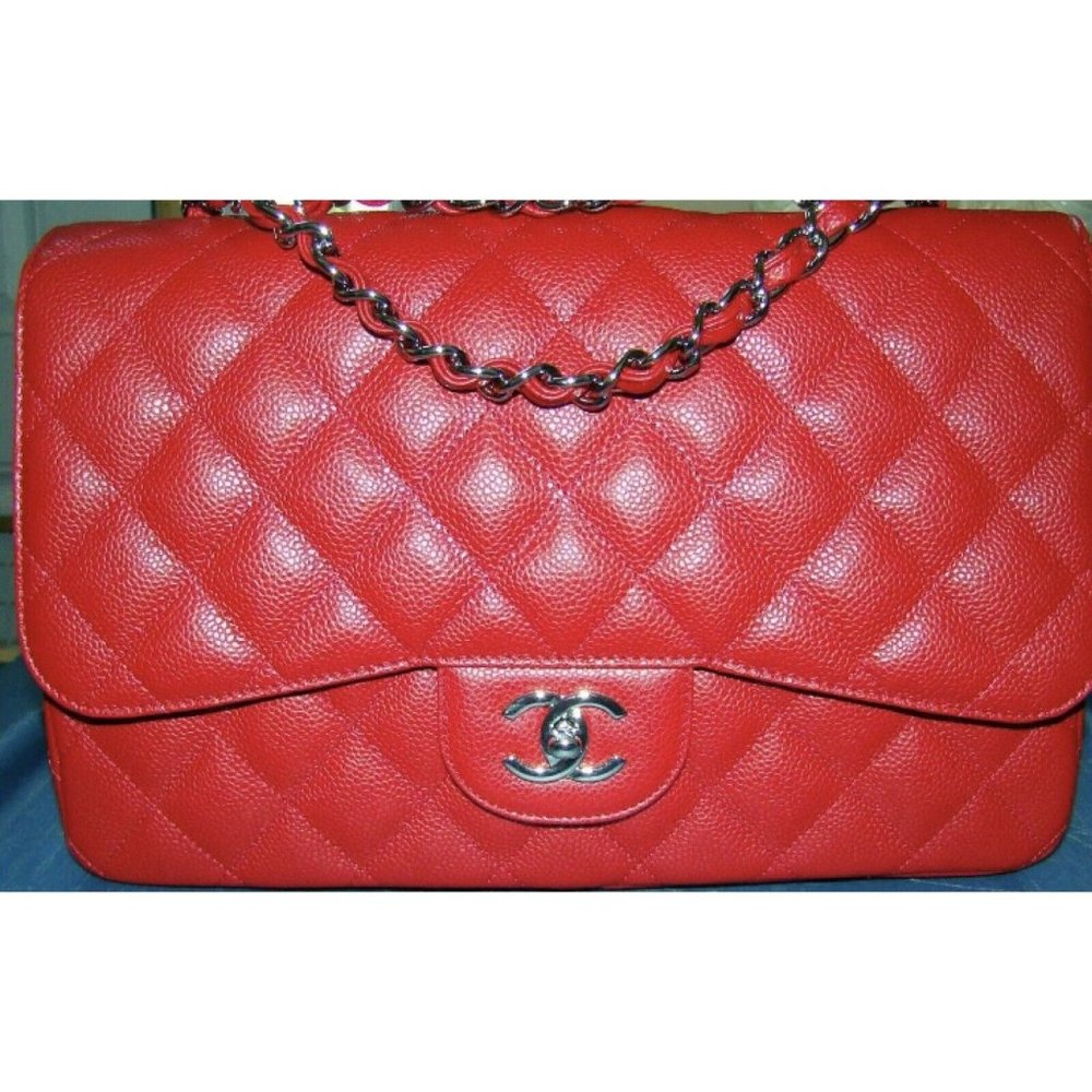 RARE CHANEL 10C Red Jumbo Caviar Leather Single Flap Bag Silver AUTHENTIC